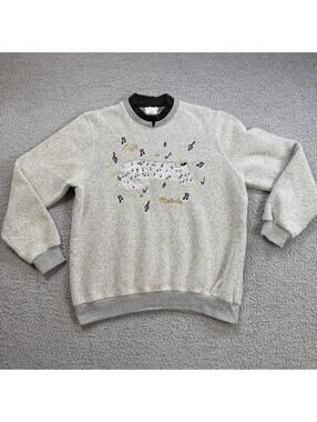 Vintage 90s BonWorth Music Notes Embroidered Crewneck Sweatshirt Gray M Melody